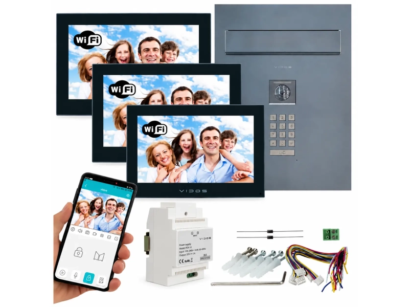 Wideodomofon Vidos 2IP ze skrzynką na listy 3 monitory WiFi M205B-X + S204B-SKM Podczerwień MicroSD